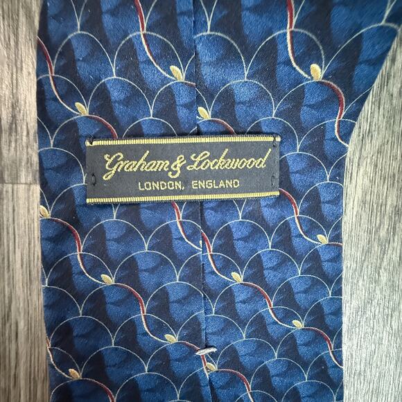 Graham & Lockwood Silk Tie London England Navy Gold Geometric Print - Picture 3 of 6
